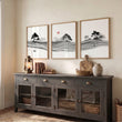 Black and White wall art Japandi Ink Landscape with Red Sun displayed on a wall in a styled room — view 6