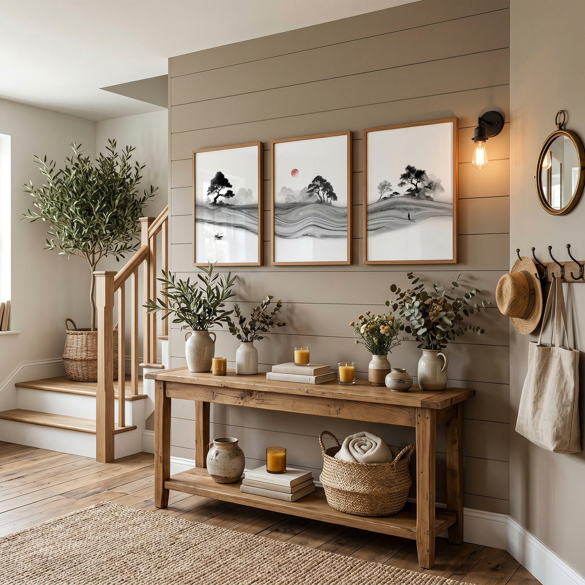 Black and White wall art Japandi Ink Landscape with Red Sun displayed on a wall in a styled room — view 9