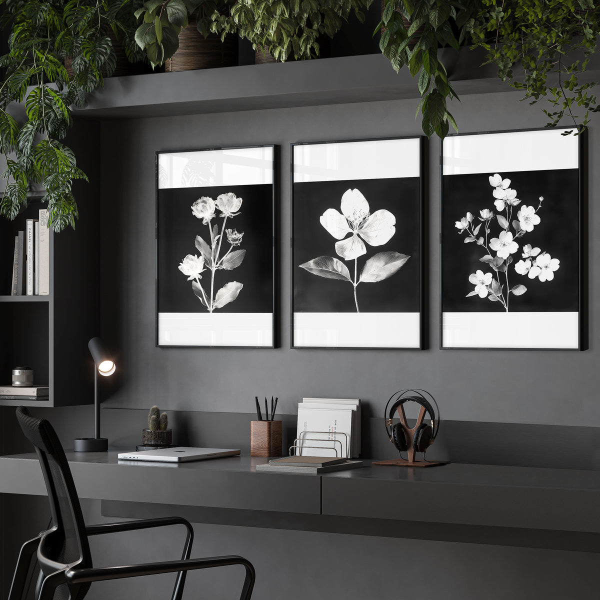 Black Framed Artwork Botanical Floral wall art displayed on a wall in a styled room