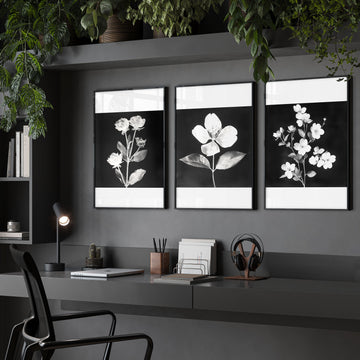 Black Framed Artwork Botanical Floral wall art displayed on a wall in a styled room
