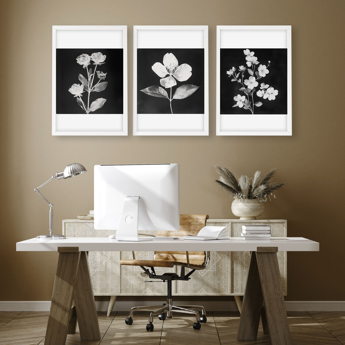 Black Framed Artwork Botanical Floral wall art displayed on a wall in a styled room — view 4