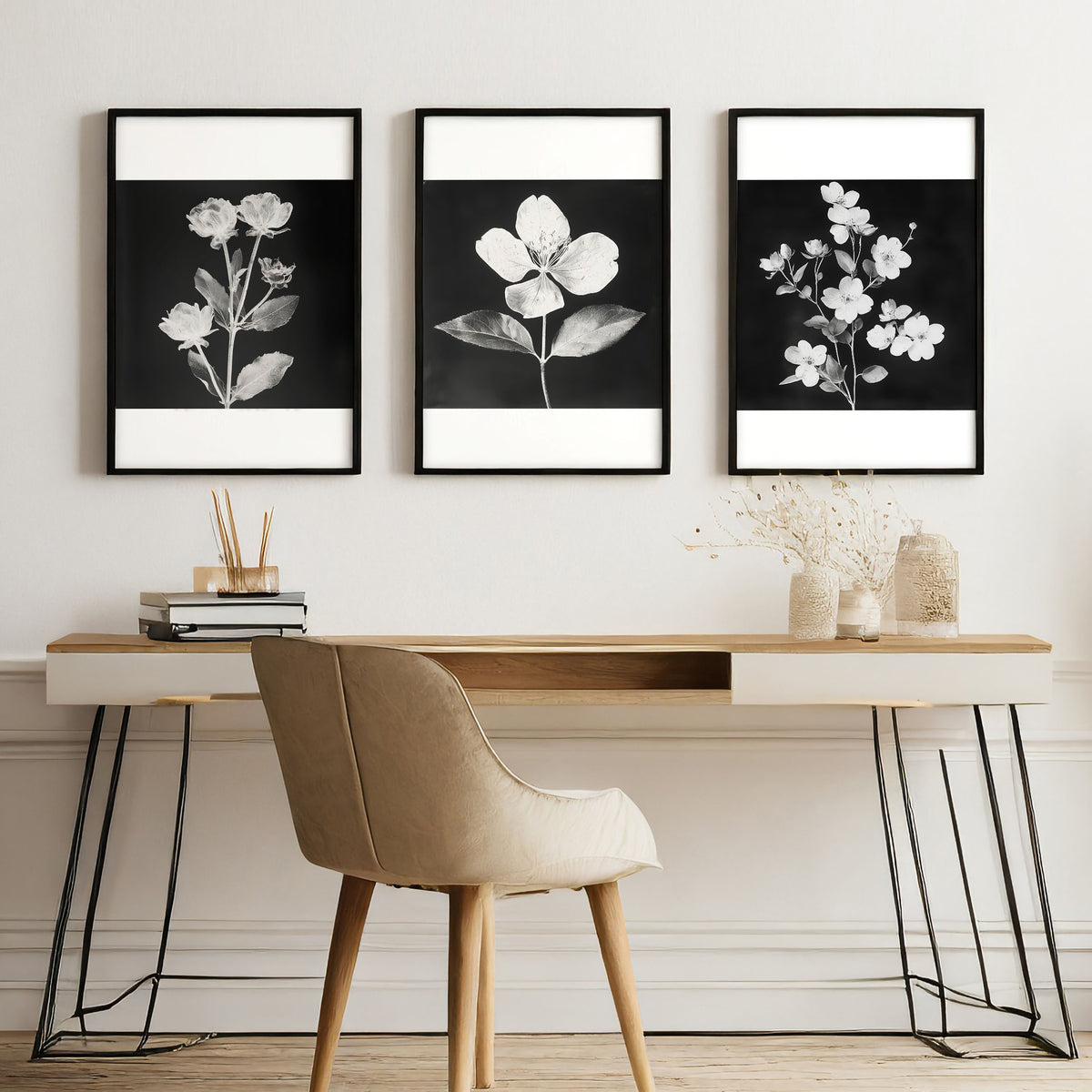 Black Framed Artwork Botanical Floral wall art displayed on a wall in a styled room — view 5