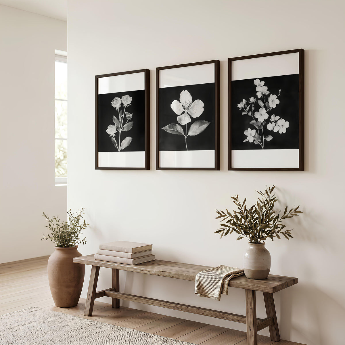 Black Framed Picture French Country Botanical Floral wall art displayed on a wall in a styled room