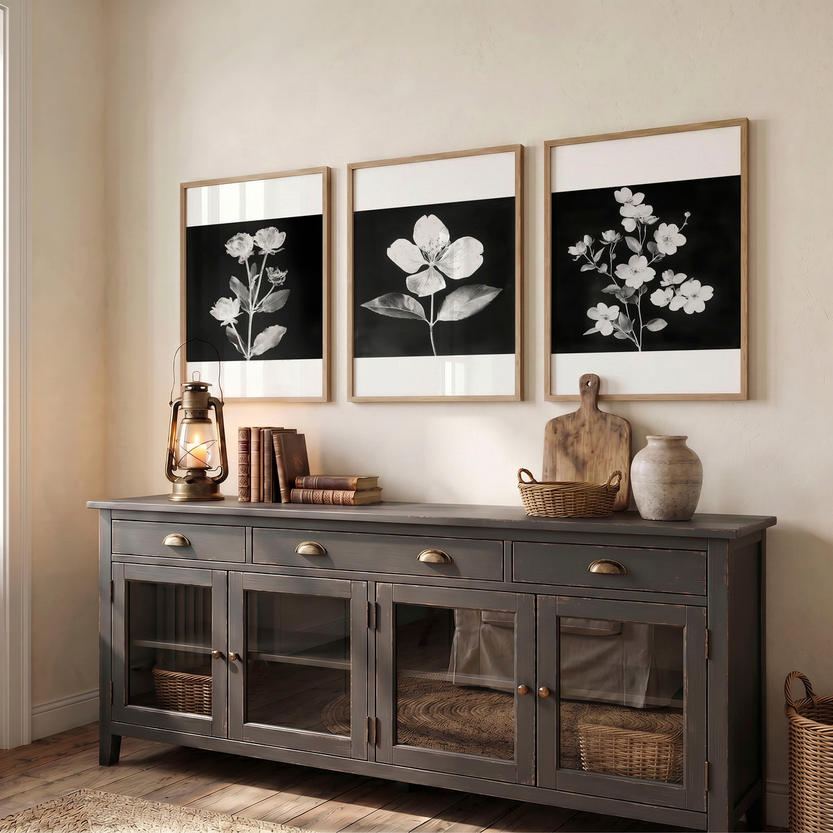 Black Framed Picture French Country Botanical Floral wall art displayed on a wall in a styled room — view 5