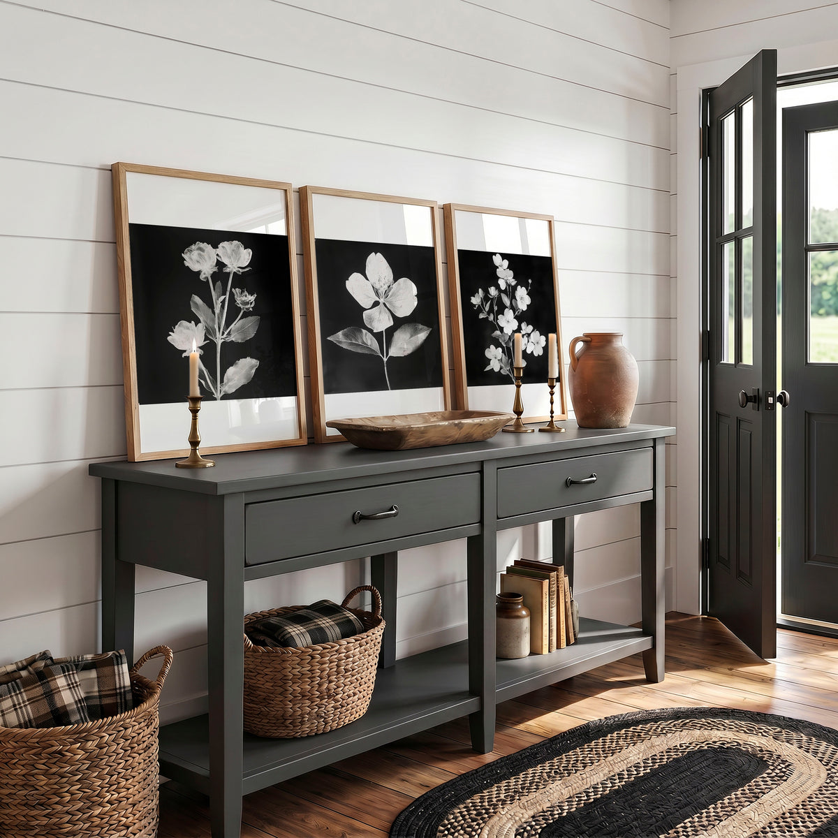 Black Framed Picture French Country Botanical Floral wall art displayed on a wall in a styled room — view 6