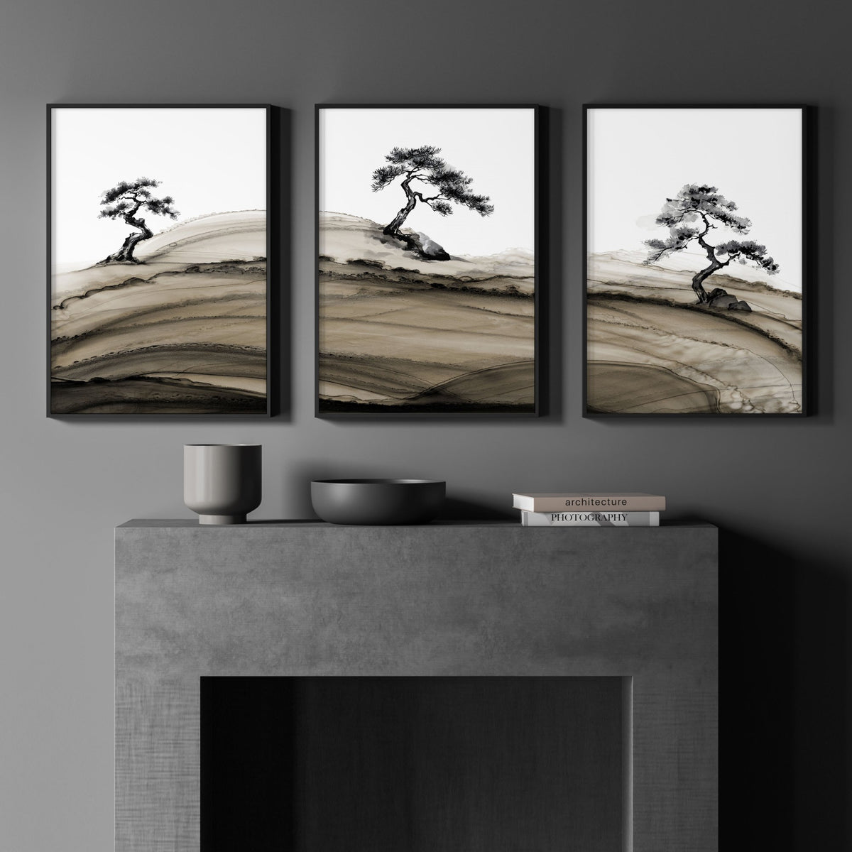 Black Framed Pictures Japandi Pine Tree Ink Art displayed on a wall in a styled room