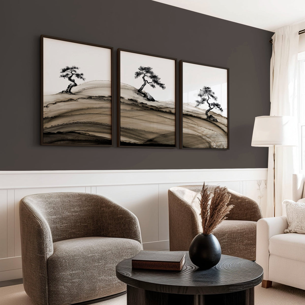 Black Framed Pictures Japandi Pine Tree Ink Art displayed on a wall in a styled room — view 2