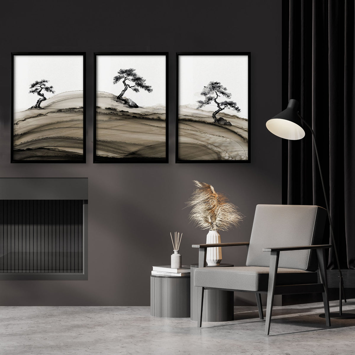 Black Framed Pictures Japandi Pine Tree Ink Art displayed on a wall in a styled room — view 3