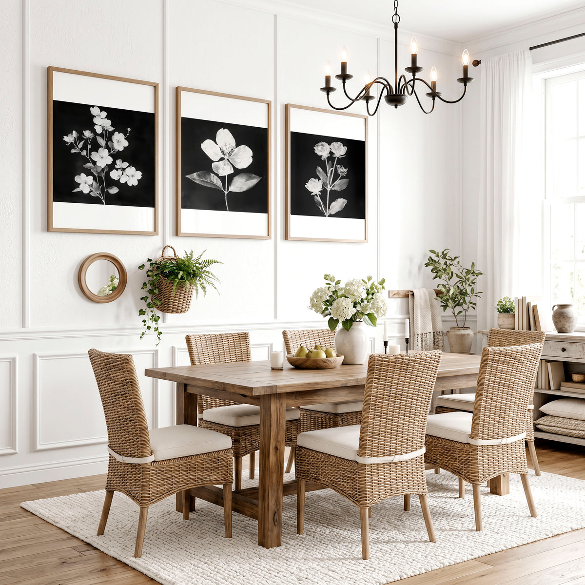 Black Framed Wall Art French Country Botanical Floral wall art displayed on a wall in a styled room