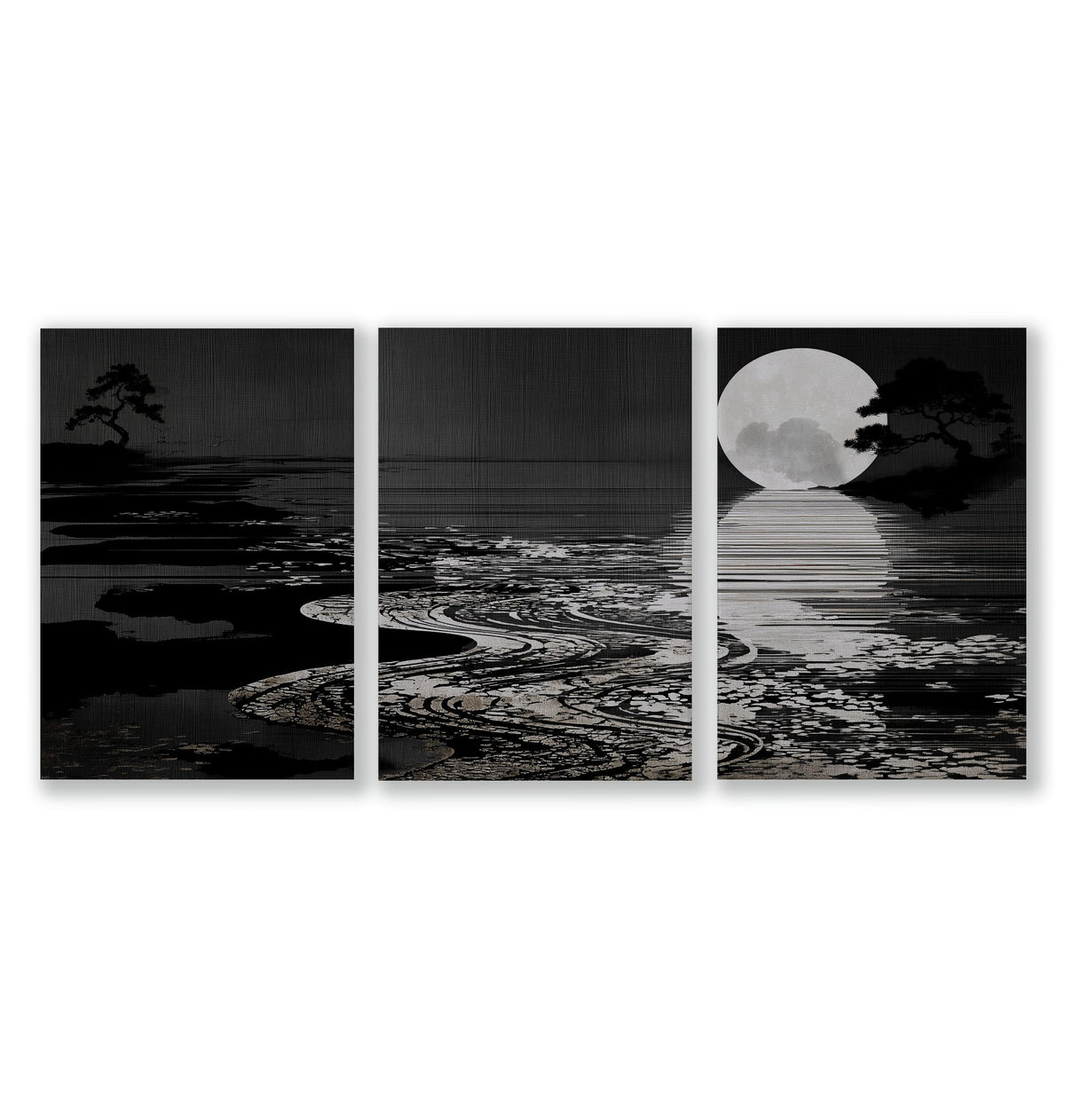 Black Wall Art Japandi Moonrise Over Water with Pine Silhouettes as a wrapped canvas