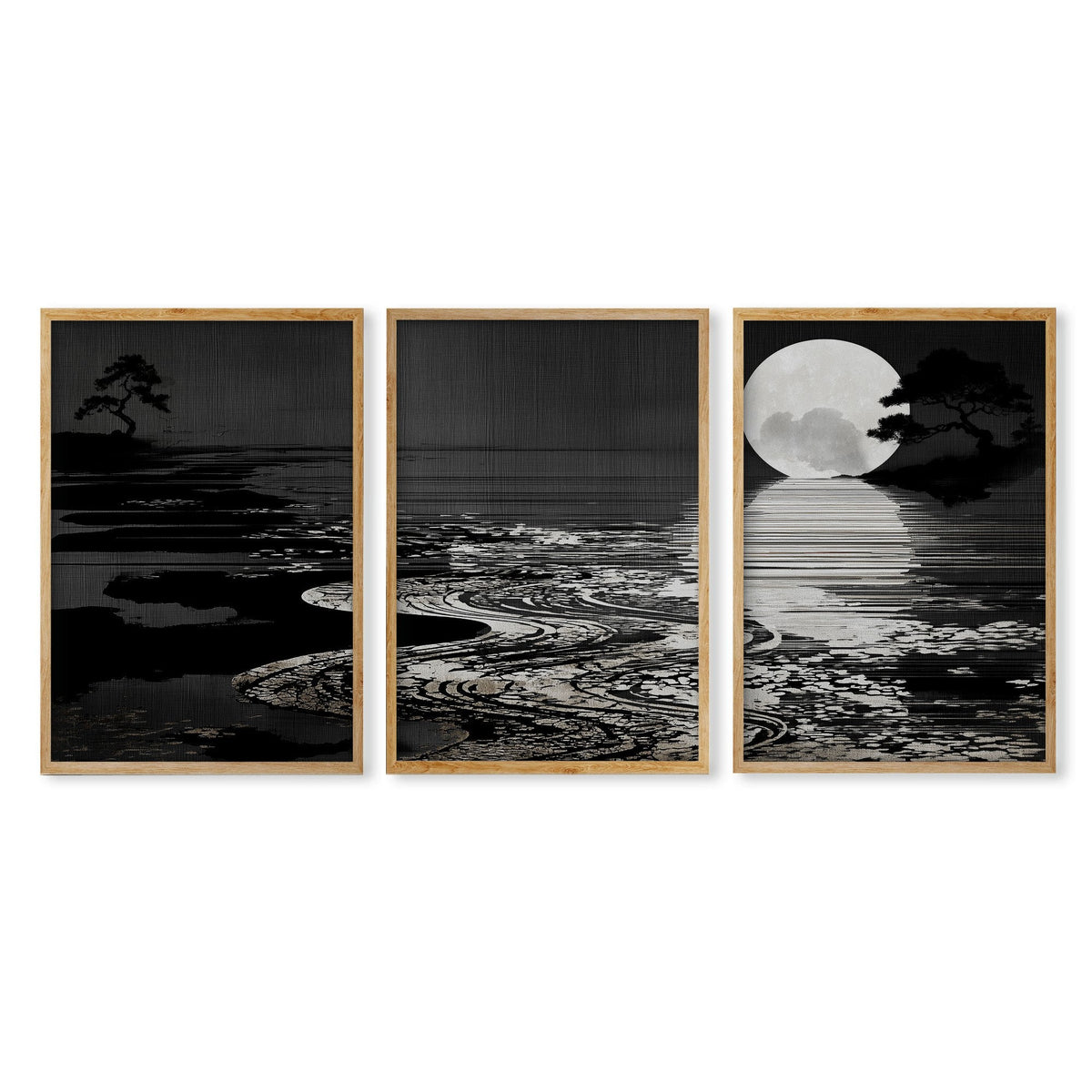Black Wall Art Japandi Moonrise Over Water with Pine Silhouettes | Set of 3