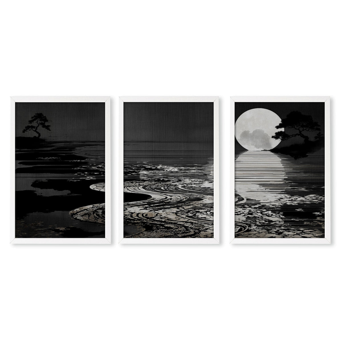 Black Wall Art Japandi Moonrise Over Water with Pine Silhouettes | Set of 3
