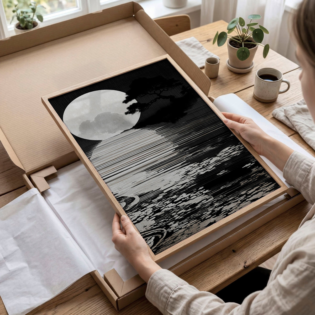 Black Wall Art Japandi Moonrise Over Water with Pine Silhouettes | Set of 3