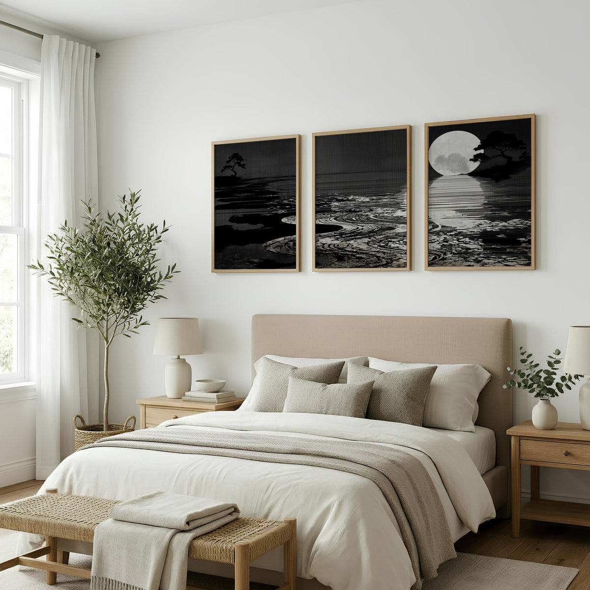 Black Wall Art Japandi Moonrise Over Water with Pine Silhouettes | Set of 3