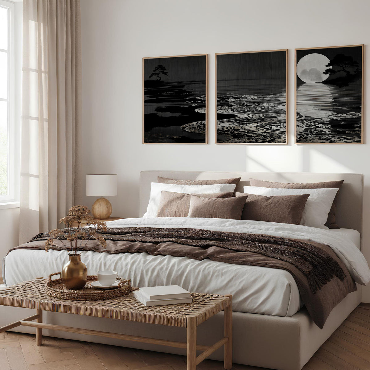 Black Wall Art Japandi Moonrise Over Water with Pine Silhouettes | Set of 3