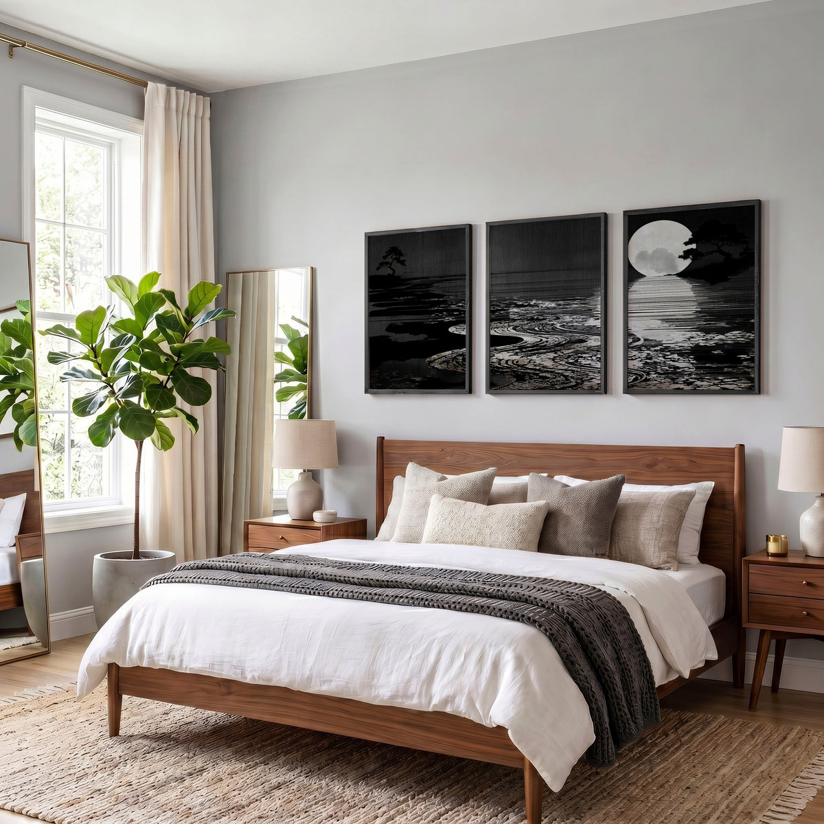 Black Wall Art Japandi Moonrise Over Water with Pine Silhouettes displayed on a wall in a styled room