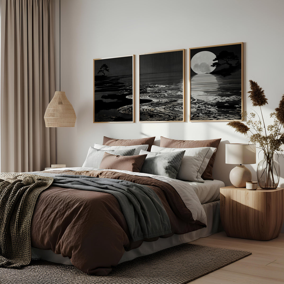 Black Wall Art Japandi Moonrise Over Water with Pine Silhouettes displayed on a wall in a styled room — view 2