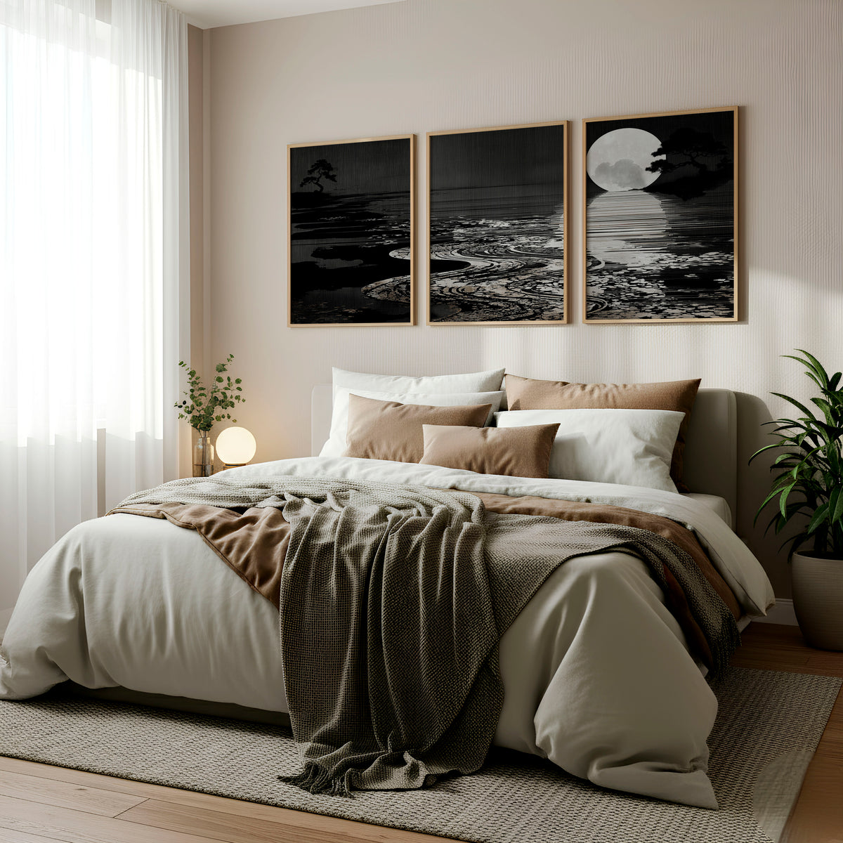 Black Wall Art Japandi Moonrise Over Water with Pine Silhouettes displayed on a wall in a styled room — view 3