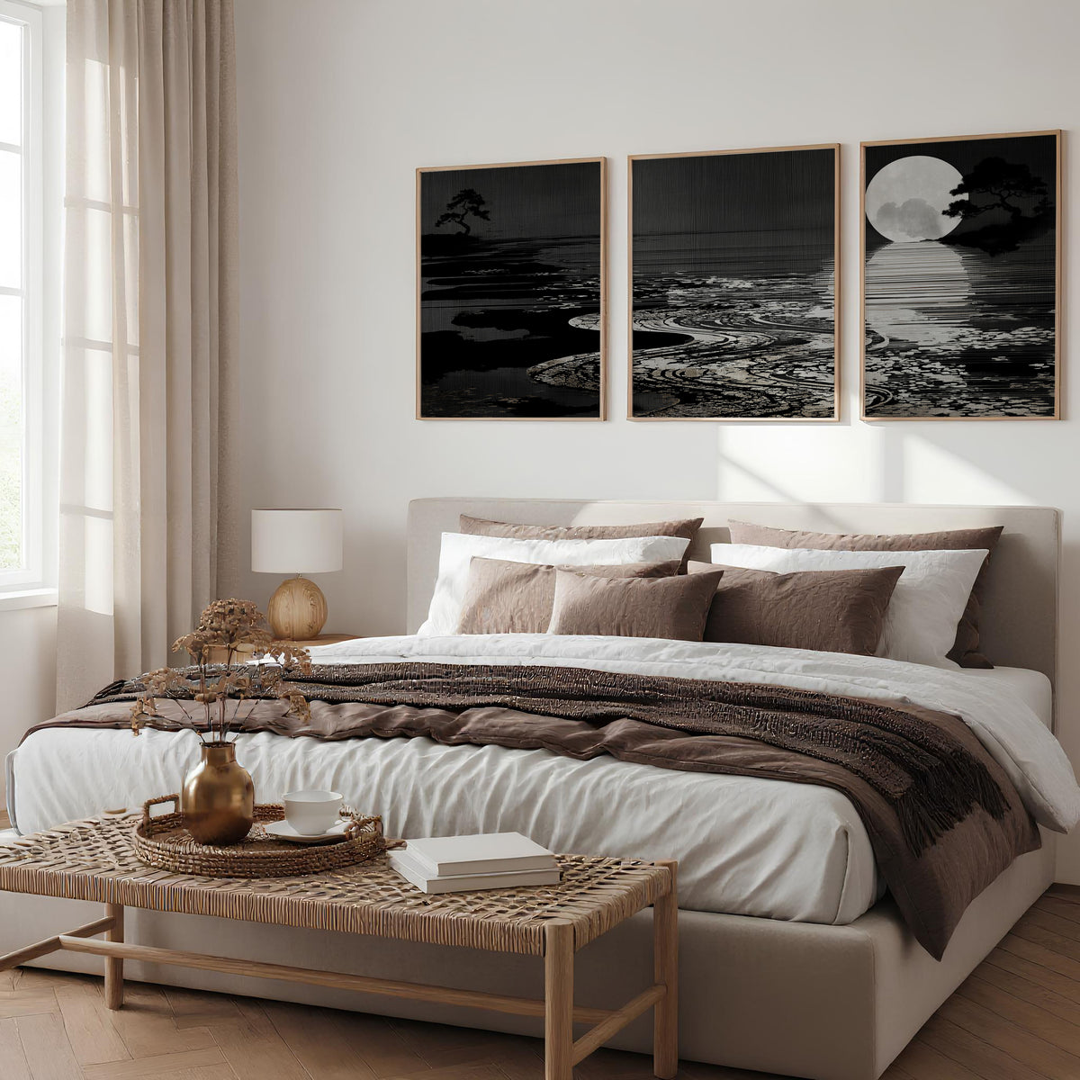 Black Wall Art Japandi Moonrise Over Water with Pine Silhouettes displayed on a wall in a styled room — view 4
