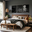 Black Wall Art Japandi Moonrise Over Water with Pine Silhouettes displayed on a wall in a styled room — view 5