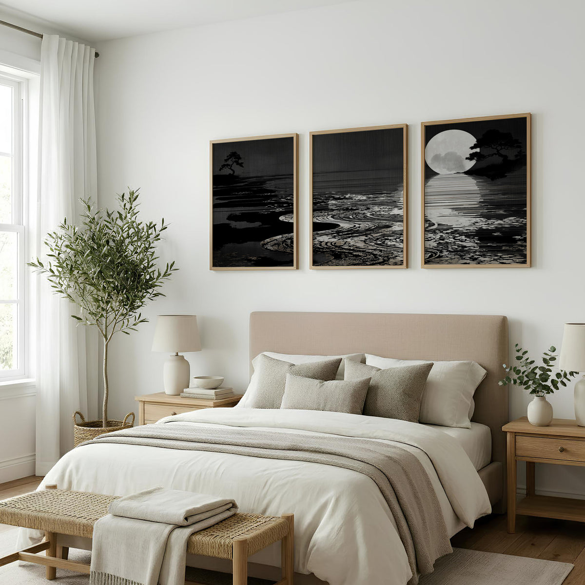 Black Wall Art Japandi Moonrise Over Water with Pine Silhouettes displayed on a wall in a styled room — view 6