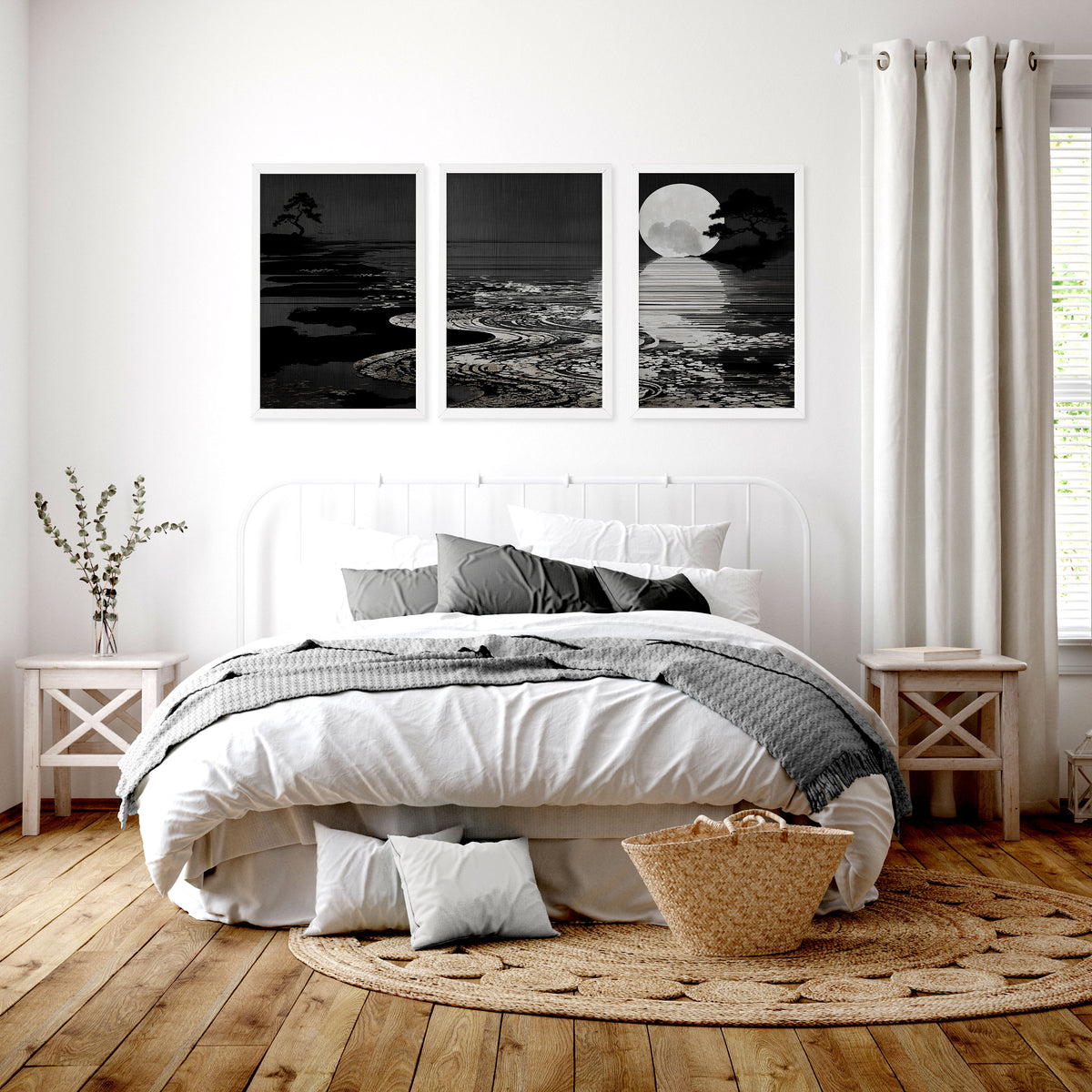 Black Wall Art Japandi Moonrise Over Water with Pine Silhouettes displayed on a wall in a styled room — view 7