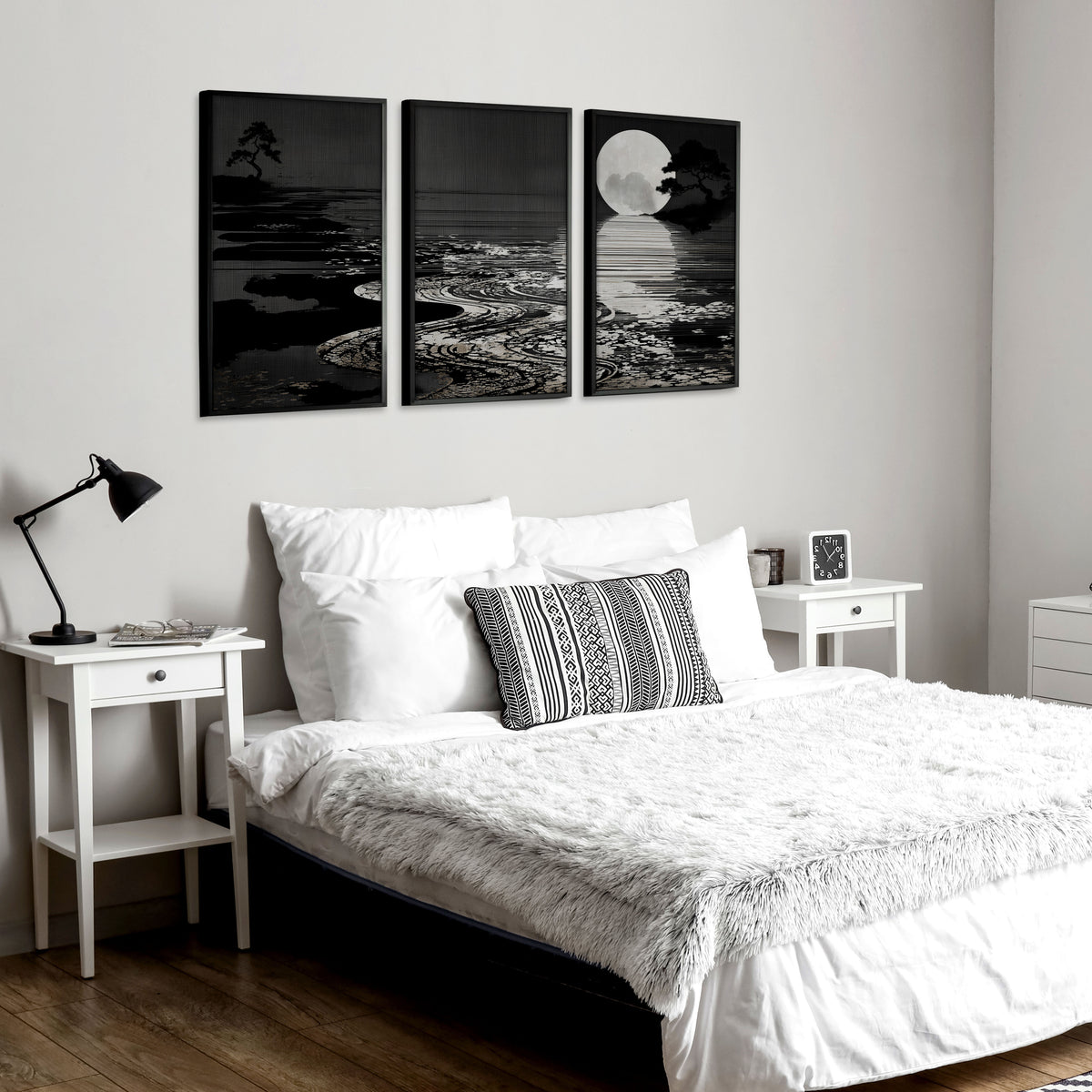 Black Wall Art Japandi Moonrise Over Water with Pine Silhouettes displayed on a wall in a styled room — view 8
