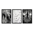 Black White Photography wall art | African Wildlife Elephants Zebra Birds Wall Art in a black frame