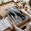 Black White Photography wall art | African Wildlife Elephants Zebra Birds Wall Art displayed on a wall in a styled room — view 10