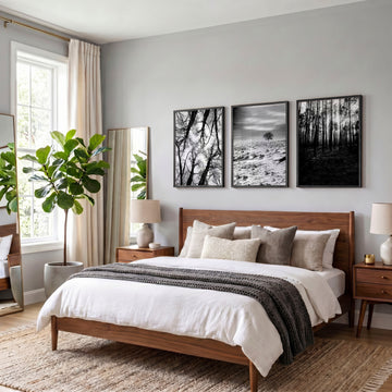 Black White Photography wall art | Winter Nature Landscape wall art displayed on a wall in a styled room — view 11
