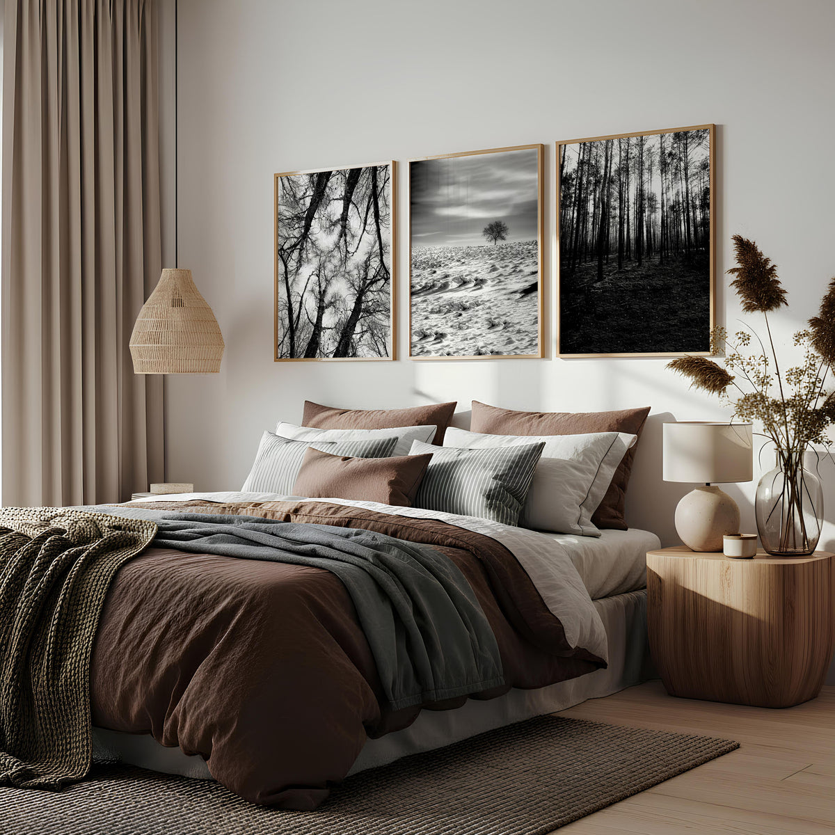 Black White Photography wall art | Winter Nature Landscape wall art displayed on a wall in a styled room