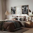 Black White Photography wall art | African Wildlife Elephants Zebra Birds Wall Art displayed on a wall in a styled room — view 2