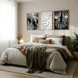 Black White Photography wall art | African Wildlife Elephants Zebra Birds Wall Art displayed on a wall in a styled room — view 3