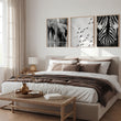 Black White Photography wall art | African Wildlife Elephants Zebra Birds Wall Art displayed on a wall in a styled room — view 4