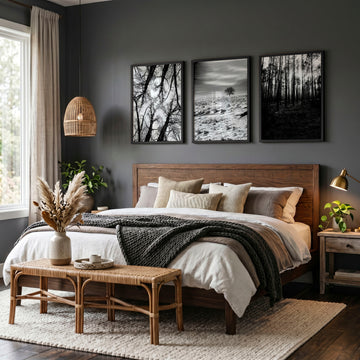 Black White Photography wall art | Winter Nature Landscape wall art displayed on a wall in a styled room — view 4