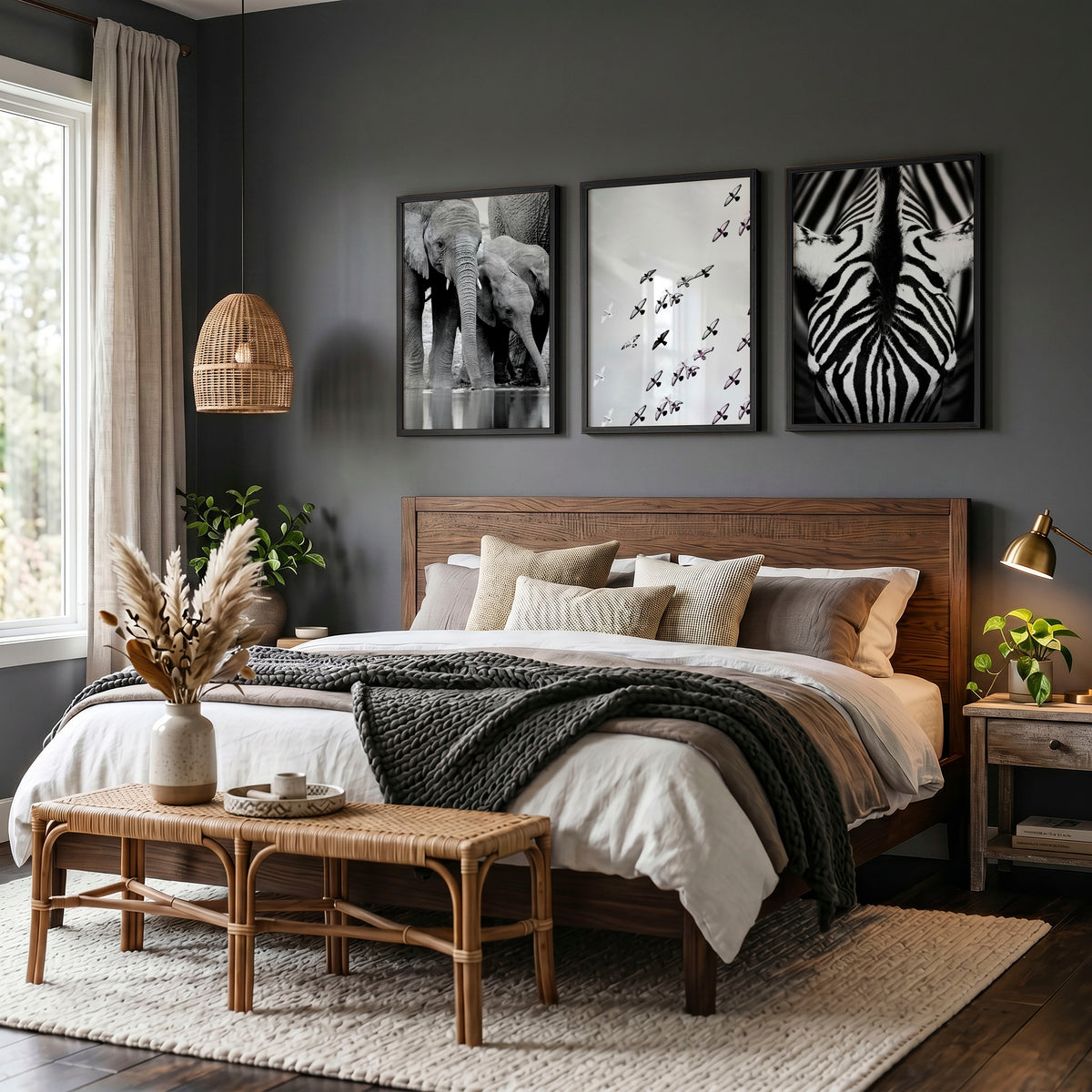 Black White Photography wall art | African Wildlife Elephants Zebra Birds Wall Art displayed on a wall in a styled room — view 5