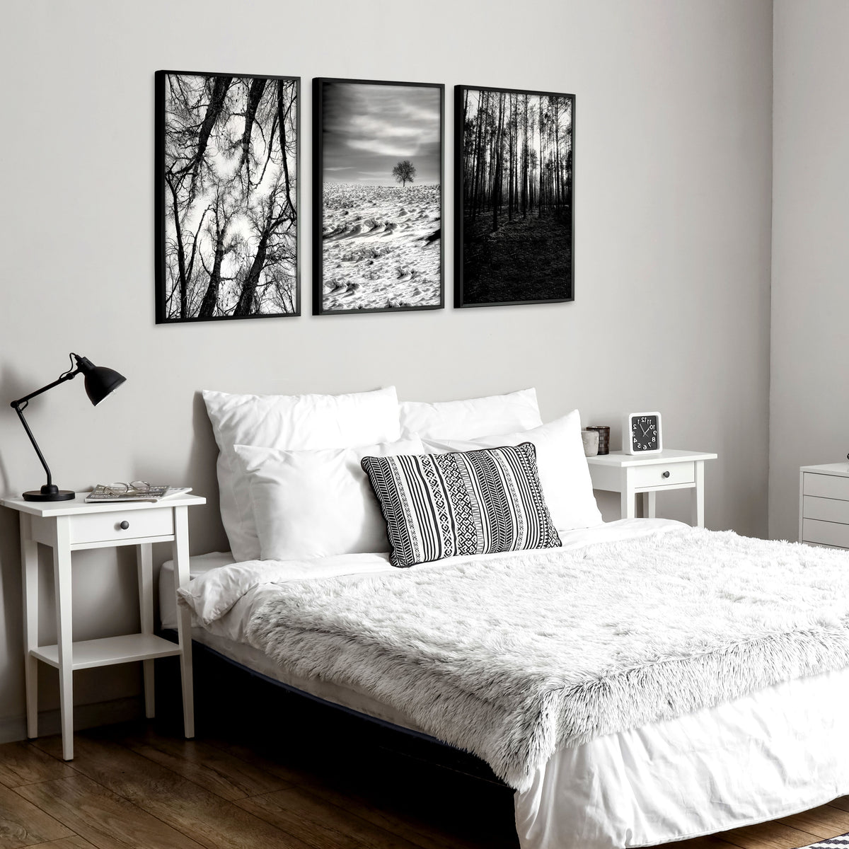 Black White Photography wall art | Winter Nature Landscape wall art displayed on a wall in a styled room — view 7