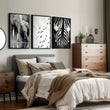 Black White Photography wall art | African Wildlife Elephants Zebra Birds Wall Art displayed on a wall in a styled room — view 9