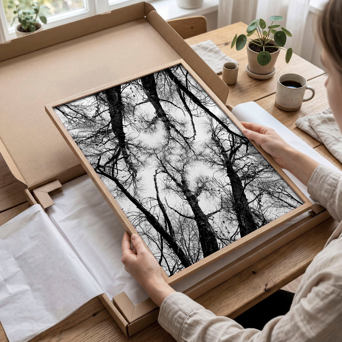 Black White Photography wall art | Winter Nature Landscape wall art displayed on a wall in a styled room — view 9