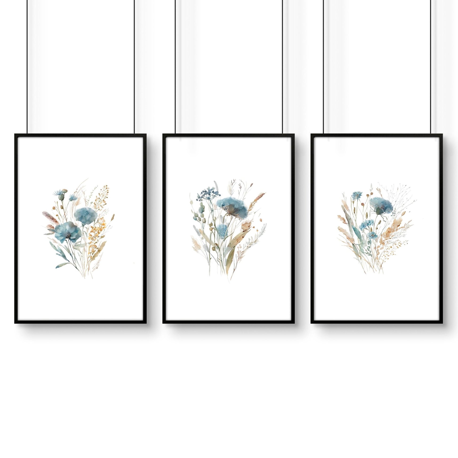 Blue Color Wall Art | Set of 3 Botanical Wall art Prints