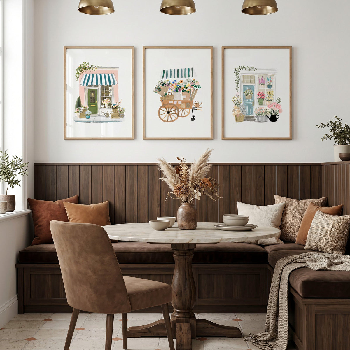 Blue Wall Art Canvas | Botanical Flower Shop & Market Cart wall art displayed on a wall in a styled room — view 3
