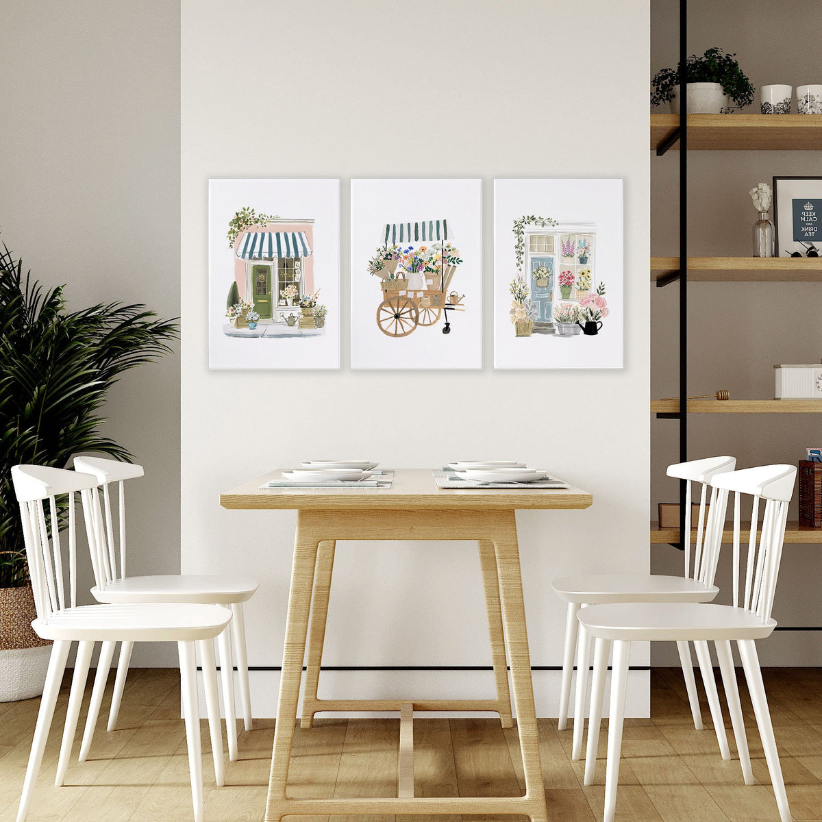 Blue Wall Art Canvas | Botanical Flower Shop & Market Cart wall art displayed on a wall in a styled room — view 5