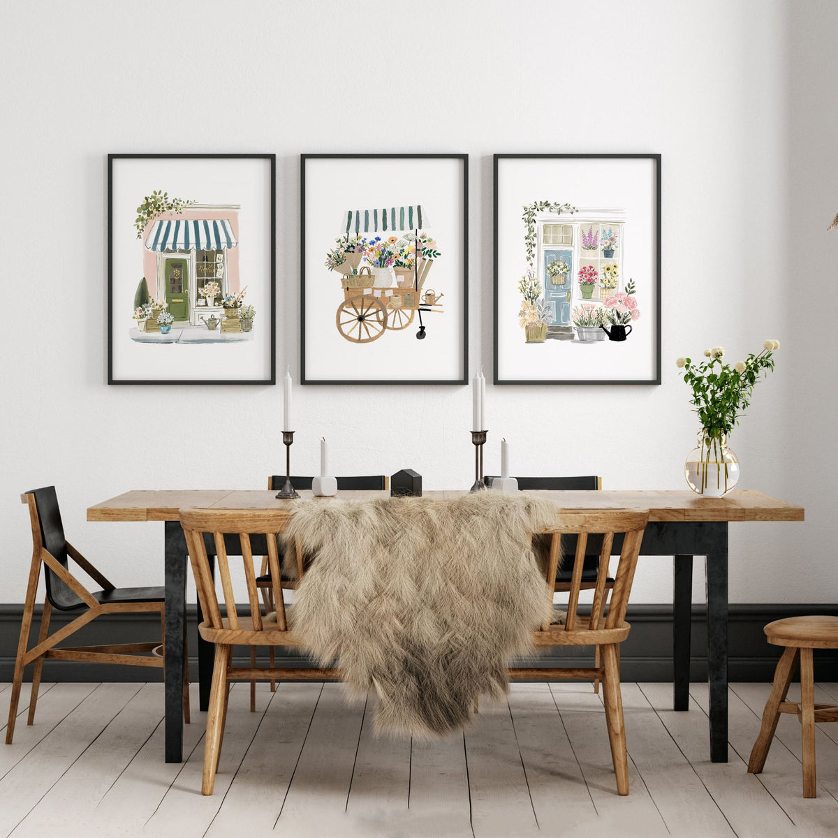 Blue Wall Art Canvas | Botanical Flower Shop & Market Cart wall art displayed on a wall in a styled room — view 6