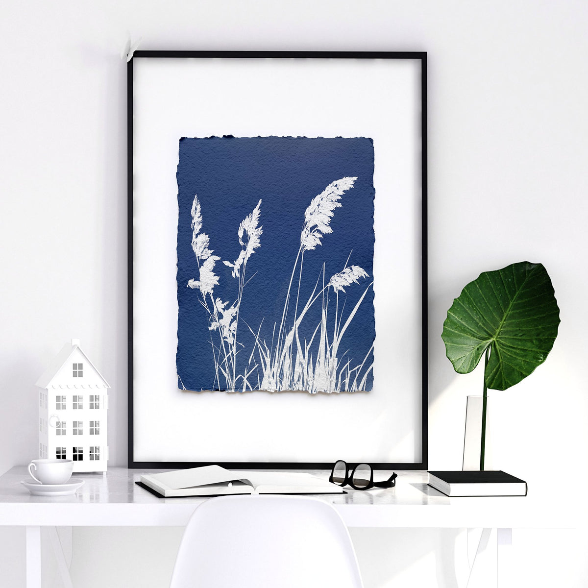 Blue Wall Art Botanical Cyanotype wall art | Indigo Grass, Wildflower & Fern — piece 1 of 3 in the set