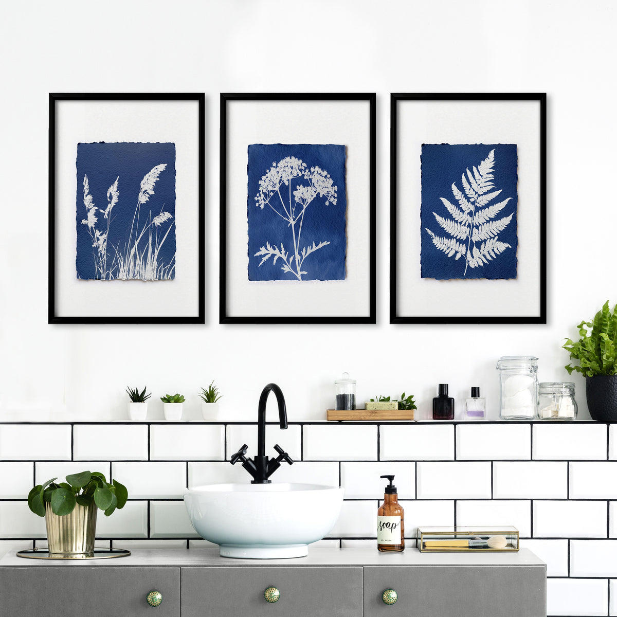 Blue Wall Art Botanical Cyanotype wall art | Indigo Grass, Wildflower & Fern displayed on a wall in a styled room — view 5