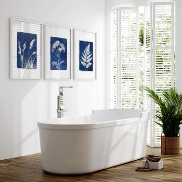 Blue Wall Art Botanical Cyanotype wall art | Indigo Grass, Wildflower & Fern displayed on a wall in a styled room — view 6