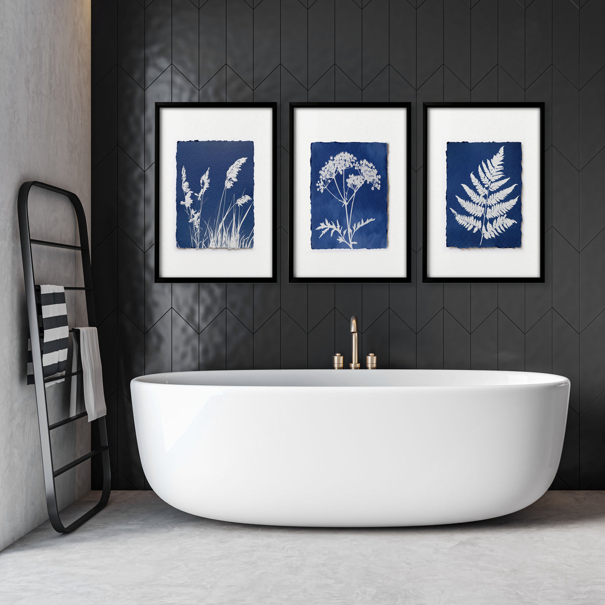 Blue Wall Art Botanical Cyanotype wall art | Indigo Grass, Wildflower & Fern displayed on a wall in a styled room — view 7