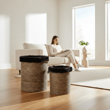 Bora Set of 2 Seagrass Baskets with Faux Fur Trim