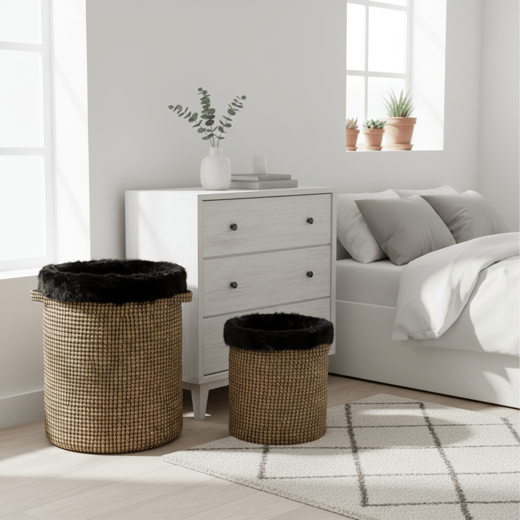 Bora Set of 2 Seagrass Baskets with Faux Fur Trim