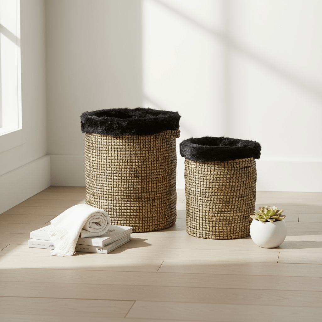 Bora Set of 2 Seagrass Baskets with Faux Fur Trim